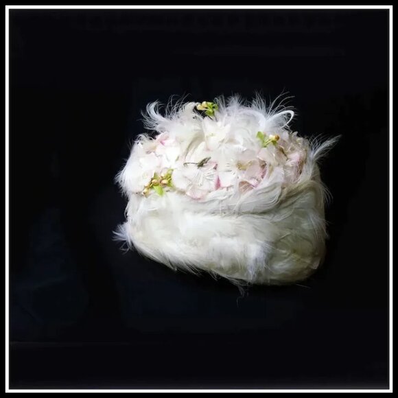 Vintage Hat + HATBOX Spring Toque White Feather Hat Pink Flowers 50s 1950s - Picture 8 of 15